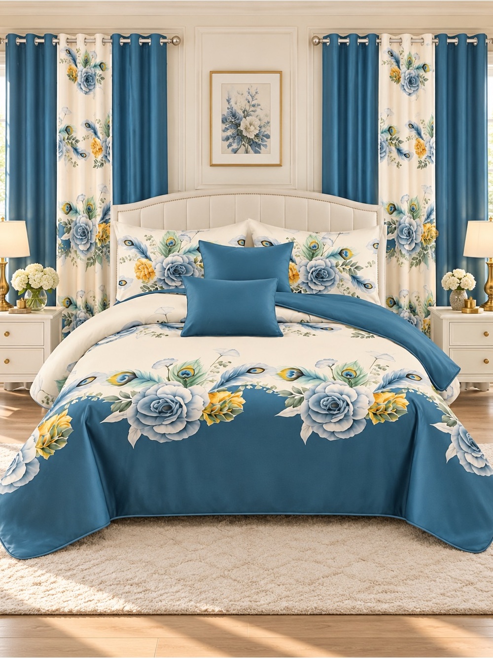 Blue Floral Bed Sheet  Set with Decorative Shams